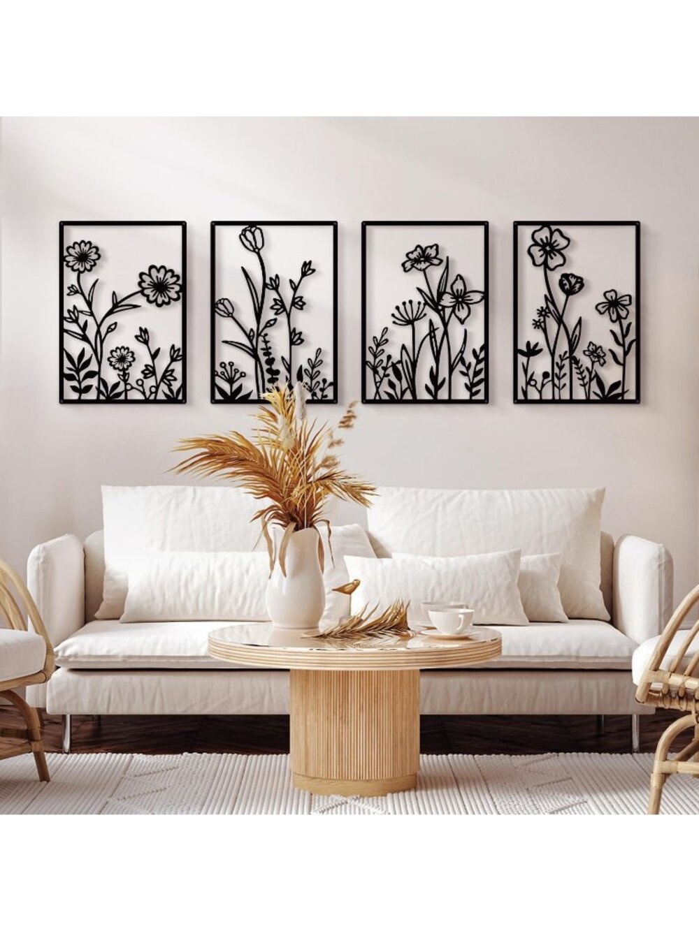 New 4 Pcs Black Metal Botanical Wall Art Boho Floral Decor 12 x 17 in